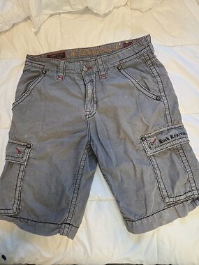Rock Revival Cargo Shorts Mens 34 Slim Gray Red Multi Pocket Embroidered0498
